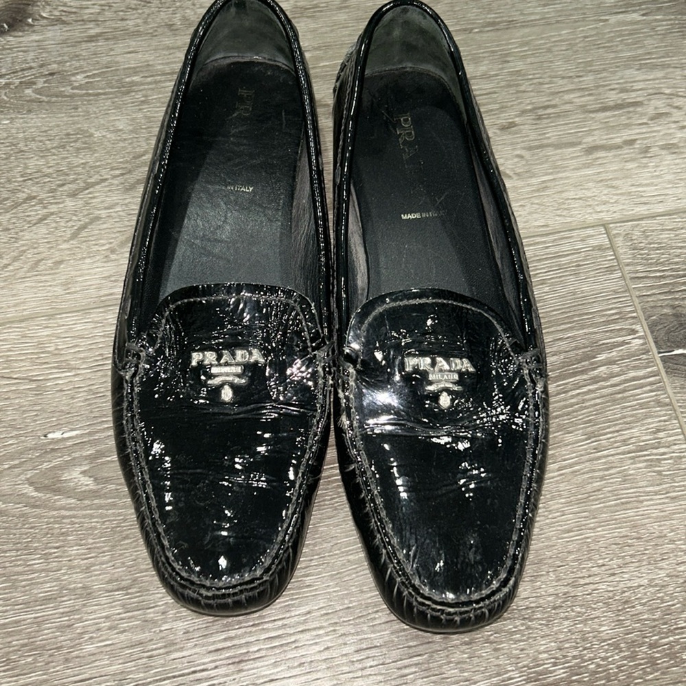 Prada Loafers sz 39.5 in Black Patent with Silver Hardware